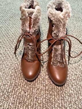 XOXO Brown Lace-Up Faux Fur Ankle Boots